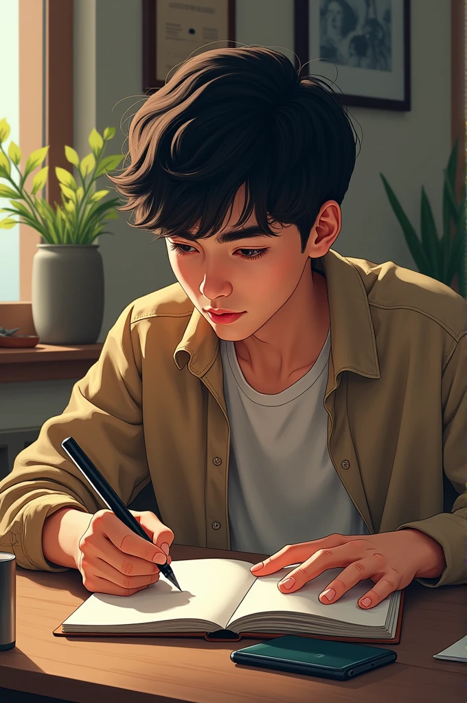 An emoji of a young man sitting down writing in a notebook with a tablet next to him