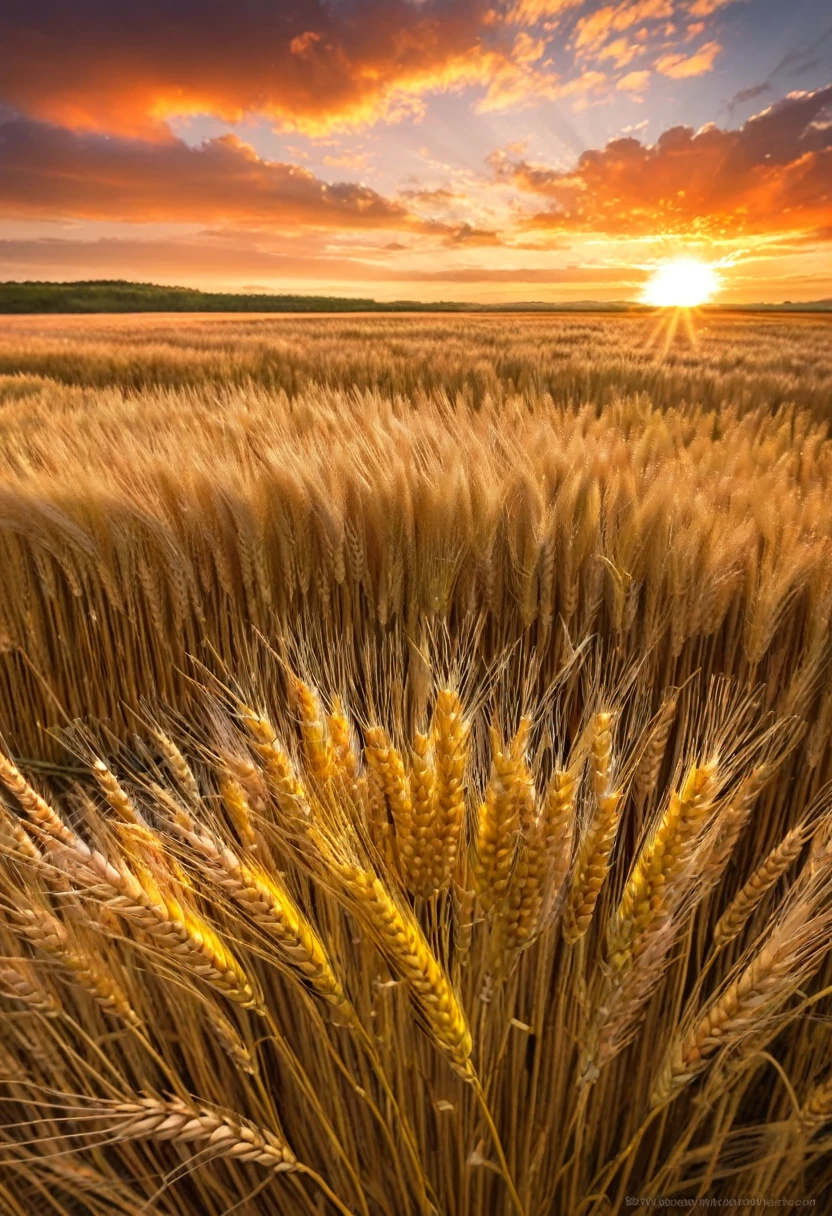 Masterpiece,Best Composition,High Resolution,Photorealistic,Sunset,Scottish Wheat Field,Breeze,Sunset,Orange Tinted Clouds,Wheat Color Contrasted With Sunset.
