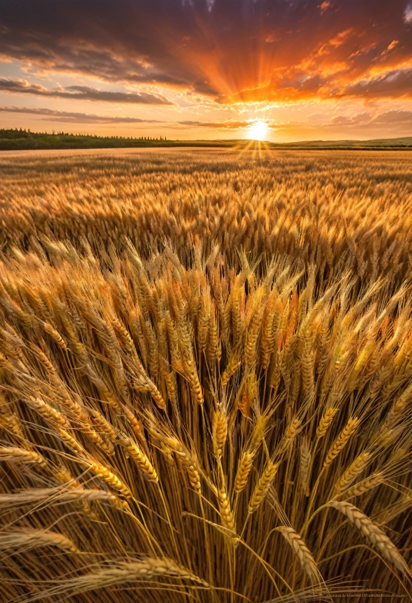 Masterpiece,Best Composition,High Resolution,Photorealistic,Sunset,Scottish Wheat Field,Breeze,Sunset,Orange Tinted Clouds,Wheat Color Contrasted With Sunset.