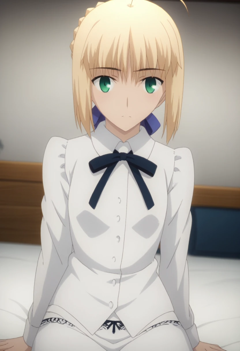 score_9, score_8_up, score_7_up, source_anime, rating_safe, intricate details, anime screencap, official style, looking at viewer, , ,
1girl, saber \(fate\), blonde hair, green eyes, ahoge, hair between eyes, braid hair, hair bow, solo, (Striped Glitter,Seraphic ,Hexagram ,Supersolid,Quantum entanglement,Self-healing Concrete,Acrylic Convection,Vibration,Mesmerizing,Enigmatic,Dodecahedron magic:1.0), fsn_ubw_style, alone, Dutch Angle, View your viewers, white full open shirt ,Cowboy Shot,, in beautiful bed, bed room , (white lace panties), blush, small breast, nipples, sitting