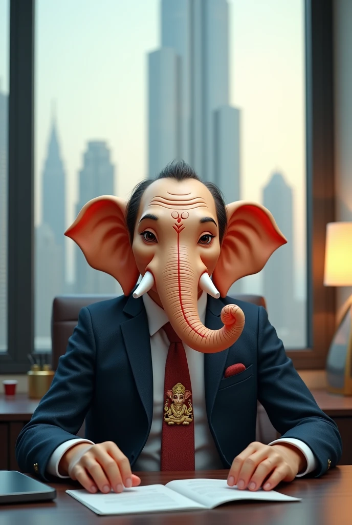 Lord ganesha working in office on the back side Burj Khalifa with last same image looking at camera with smile with having suit and tie with same last pic on lord ganesha