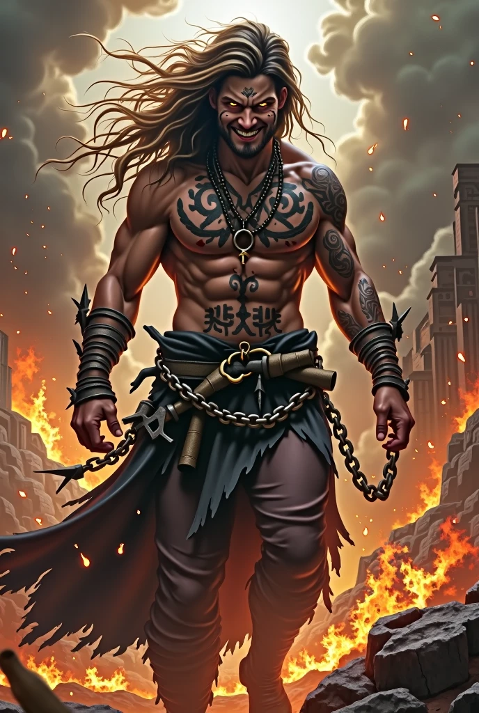 Imagine a god of chaos with a wild and rebellious nature, his smirk reflecting his defiance against order. He has unruly, windswept hair, fierce eyes that blaze with untamed energy, and a muscular, tattooed body that exudes raw power. He is dressed in torn, battle-worn clothes, with chains and shattered symbols of order hanging from him. The background is a chaotic scene of destruction and upheaval—crumbling cities, swirling storms, and raging fires. The god’s smirk reveals his satisfaction in the chaos he has wrought, standing amidst the anarchy as its unchallenged ruler."