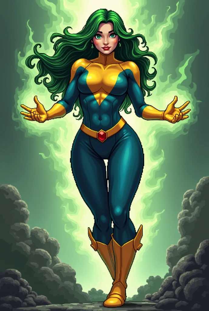 Portrait of female xmen character Polaris, 16 bit pixel art, Capcom style, foxy not anime eyes, green long wavy hair, 64 color shading, delete the background, background white