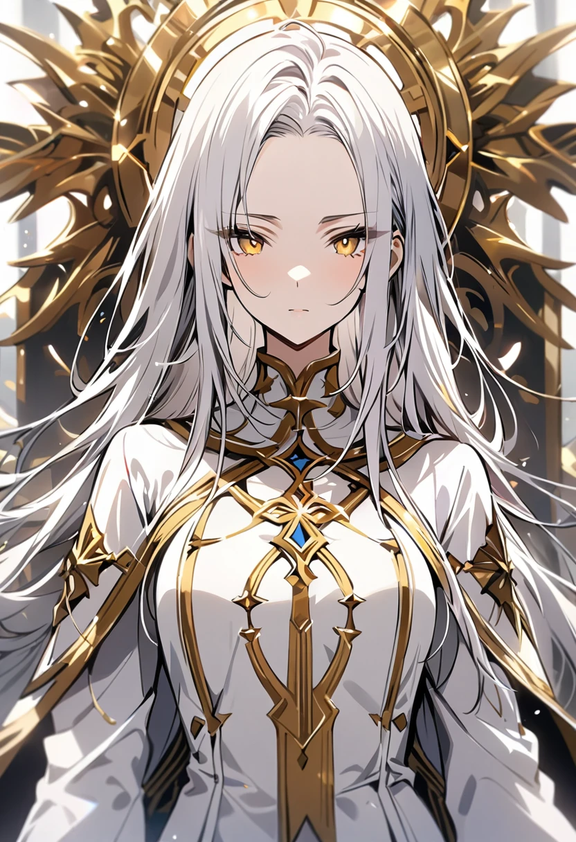 best quality, masterpiece,white hair, gold eyes,white holy clothes, upper body,hair strand,Fair skin, long hair, forehead, girl, front face,