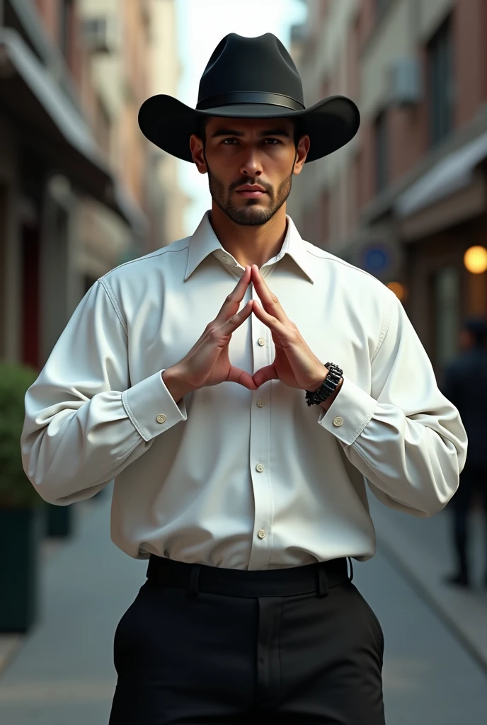 (photorealism:1.2), male adult, full body, black pants, white long sleeve shirt, triangle hand sign in front of chest, black peci