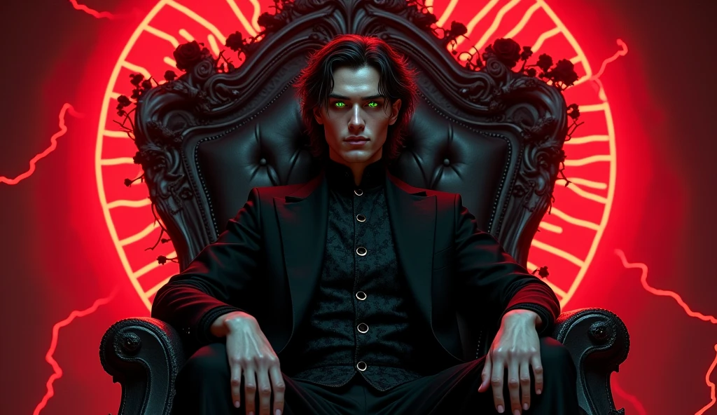 rhysand acotar, RAW Photos,black light, dark hair , rhysand, sarcastic brunette, dark surroundings, Dark masterpiece, homem fair brown-skinned, sitting in a throne, throne with thorns, black roses, man black clothes black, posing photo, black witchcraft, red geometric shiny background, full body size, Eastern fantasy theme, Neon green eyes, underworld, cold stare, Dark clothes, long and tight, fair brown-skinned, color classification, dark illustration, extreme quality, Radiant, extremely detaild, Face ultra detailed, ultra hd 8k, ultradigitality, mythical, black lightning, Conceital Art Portrait of Greg Rutkowski, artgerm, hyperdetailed, intricately detailed Gothic art, dark gothic fantasy style, triadic colors, Fantastic, intricate-detail, opening screen, colors complementary, fantasy concept art, 8K resolution, masterpiece of gothic deviantart, Heavy strokes, soft lighting, Surrealism