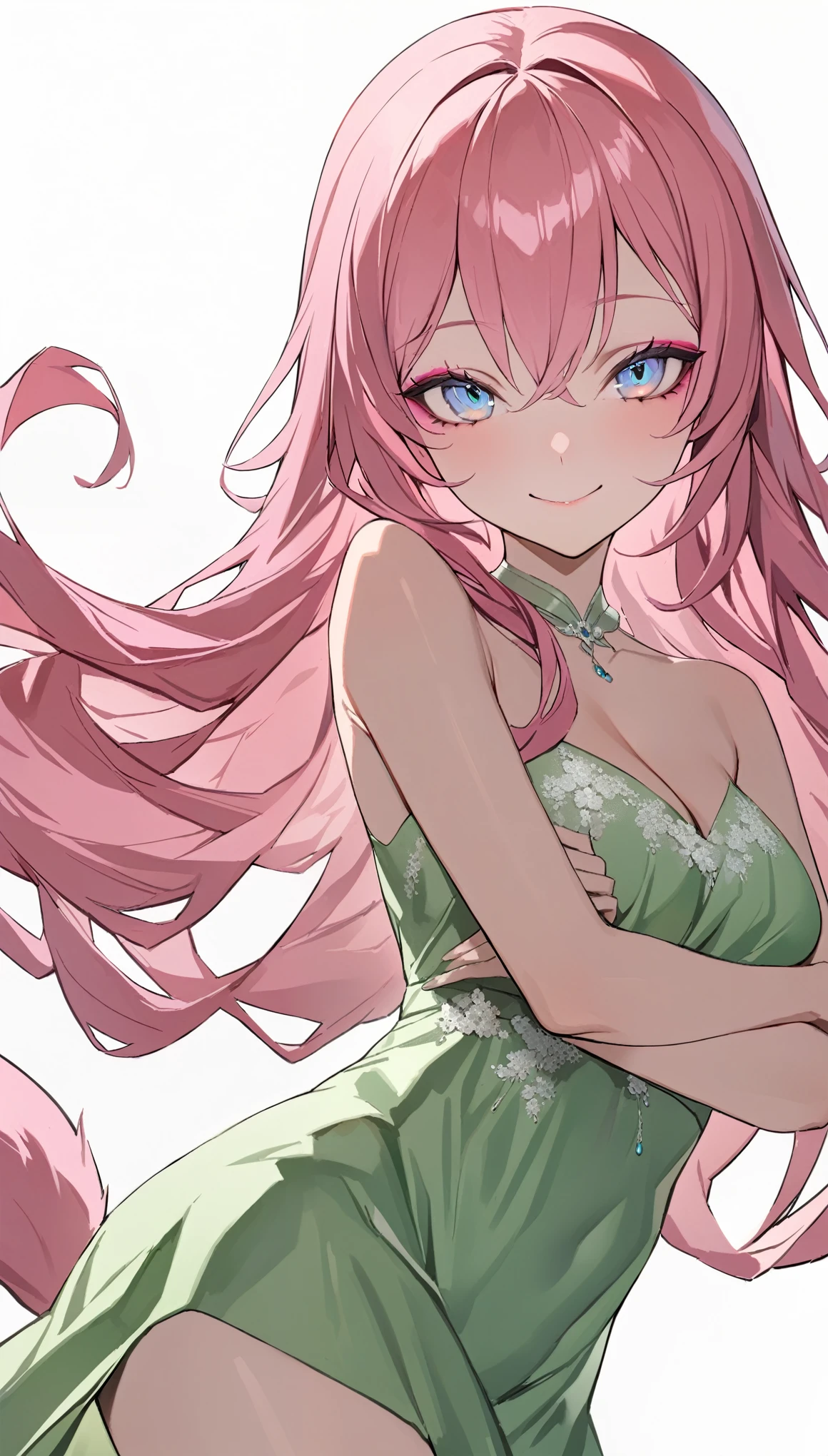 {{masterpiece}}, The best quality of life, 超High resolution, Attention to detail, high quality, High resolution, 最high quality, 4K, 8k,Attention to detail,((Pink Hair、Fluffy long hair、Side Tail))) 、One person, 1 female、,((Perfect light blue eyes、Exquisite makeup)) ,((White background))、(((Light green chiffon dress))、smile、Cowboy Shot、Watching Me
