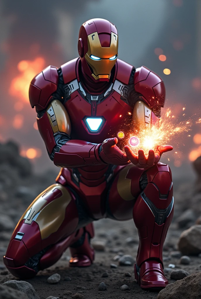 Create an image of Ironman performing the snap from the final battle in Avengers: Endgame. Text written in the bottom "I AM IRONMAN", He is in his Mark 85 armor, kneeling on one knee with the Infinity Stones glowing in his hand. His armor is slightly damaged, showing signs of the intense battle. His expression is resolute yet solemn, with a backdrop of a war-torn battlefield, featuring ruins and debris. The sky is dark, with hints of fiery red and orange from the explosions. The snap itself should show a glowing energy burst emanating from his hand, symbolizing the immense power he is wielding.