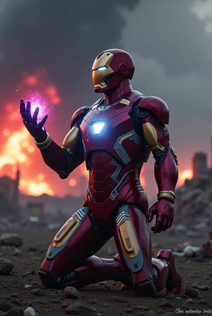 Create an image of Ironman performing the snap from the final battle in Avengers: Endgame. Text written in the bottom "I AM IRONMAN", He is in his Mark 85 armor, kneeling on one knee with the Infinity Stones glowing in his hand. His armor is slightly damaged, showing signs of the intense battle. His expression is resolute yet solemn, with a backdrop of a war-torn battlefield, featuring ruins and debris. The sky is dark, with hints of fiery red and orange from the explosions. The snap itself should show a glowing energy burst emanating from his hand, symbolizing the immense power he is wielding.