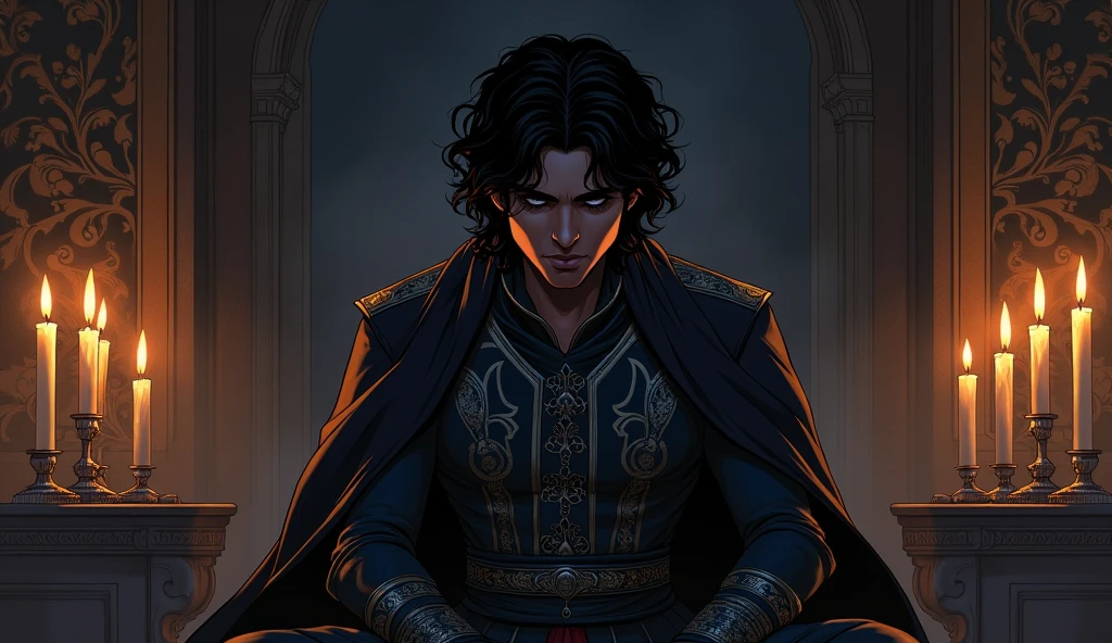 Comic style: Shakuni ( young prince sitting alone in his chamber, contemplating, with a dark shadow cast over his face.