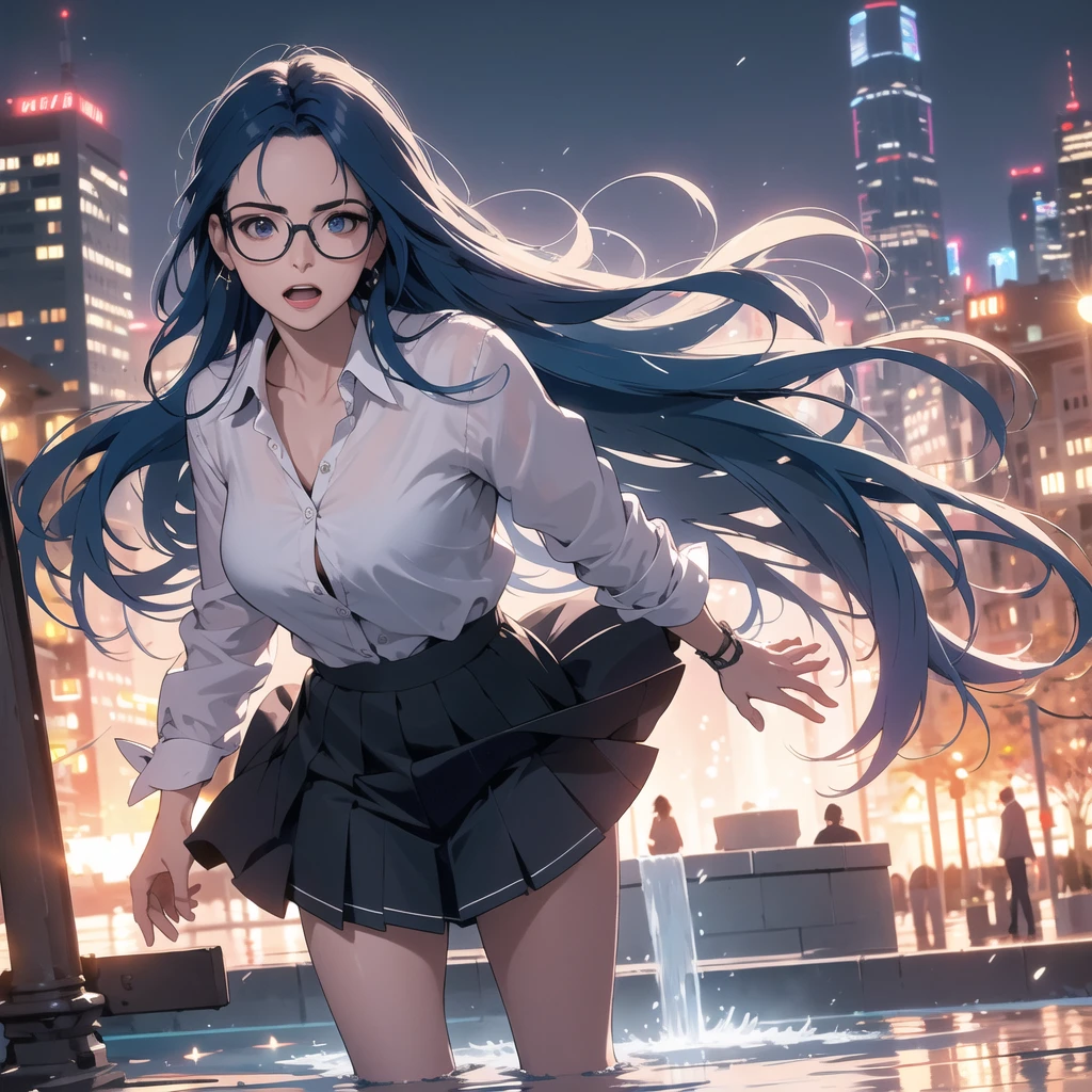 1 woman, long blue hair, glasses, surprised expression, (flying in the wind), holding down skirt, overhead view, fountain in park, best quality, 4k, 8k, highres, masterpiece:1.2, ultra-detailed, realistic, photorealistic, photo-realistic:1.37, HDR, UHD, studio lighting, ultra-fine painting, sharp focus, physically-based rendering, extreme detail description, professional, vivid colors, bokeh, portrait, strong wind