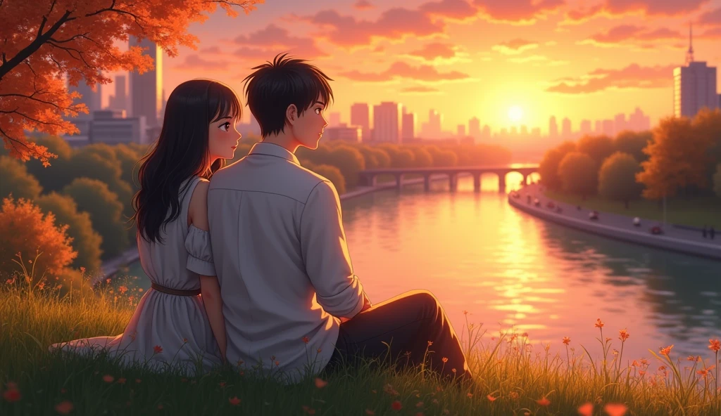 A beautiful young couple, the man wearing a white shirt, the woman wearing a skirt, their faces clearly visible, sitting 1 meter apart from each other because of shyness on a high grass bank overlooking the city river, oil painting, extremely detailed, autumn sunset afternoon, 16k, anime 3d Style