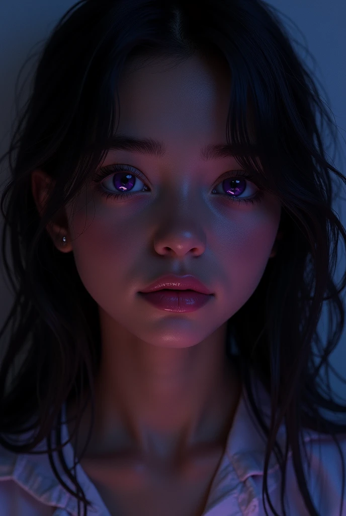 Night silhouette of a purple-eyed teenage girl, latina, Dark brown hair, Dark brown skin ultra-realistic high-quality image generation, bringing limitless possibilities to artistic creation.