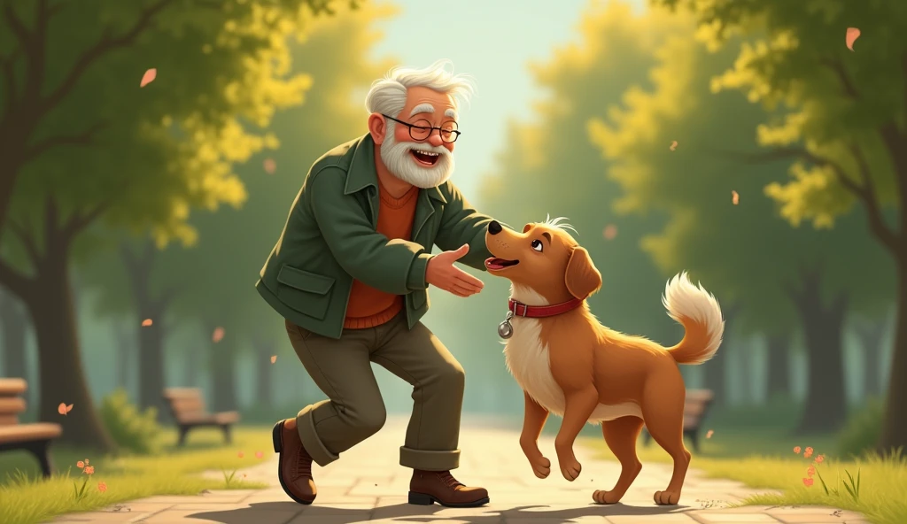 Together, they spent the evening playing and enjoying each other's company. (Image: An old man and dog playing together in a park)