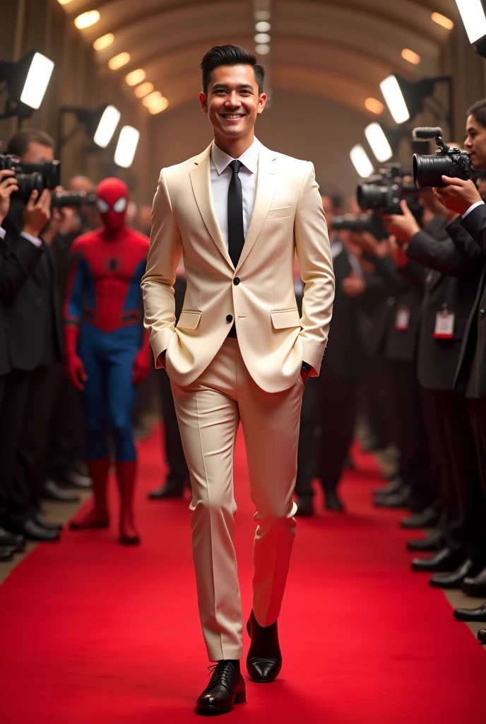 a handsome 30 year old Indonesian man steps on the red carpet, looking at the camera smiling proudly.. wearing a satin cream suite, there is Spiderman behind him, photography, realistic