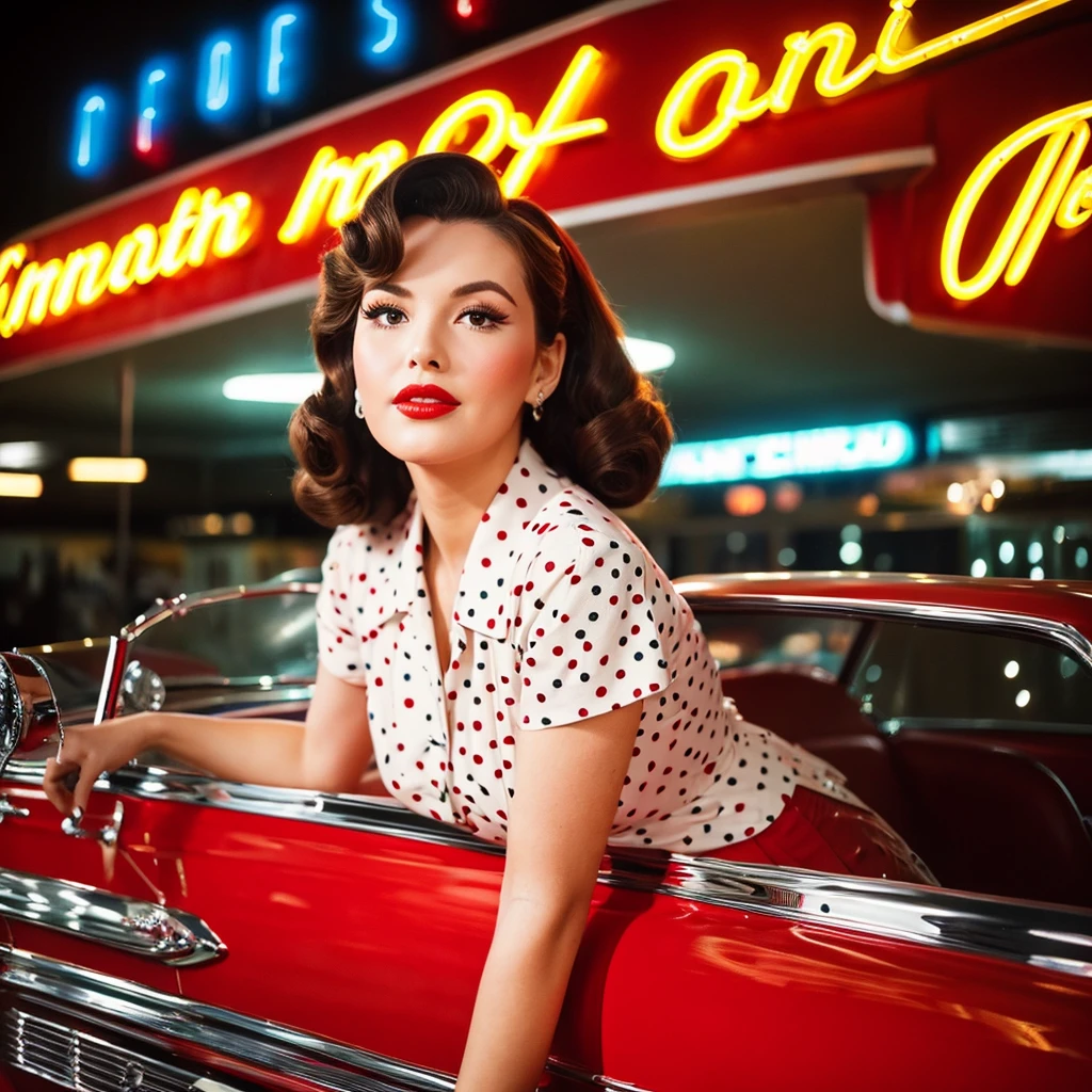 a 1957 Bel Air car, a glamorous Hollywood movie star, dramatic lighting, elegant clothing, classic vintage style, high-quality photorealistic 3D render, cinematic composition, warm color tones, dramatic chiaroscuro lighting, highly detailed, intricate textures, glossy paint, chrome accents, luxury interior, beautiful woman with elegant hairstyle and makeup, graceful posing, charming smile, cinematic atmosphere, iconic 1950s aesthetic