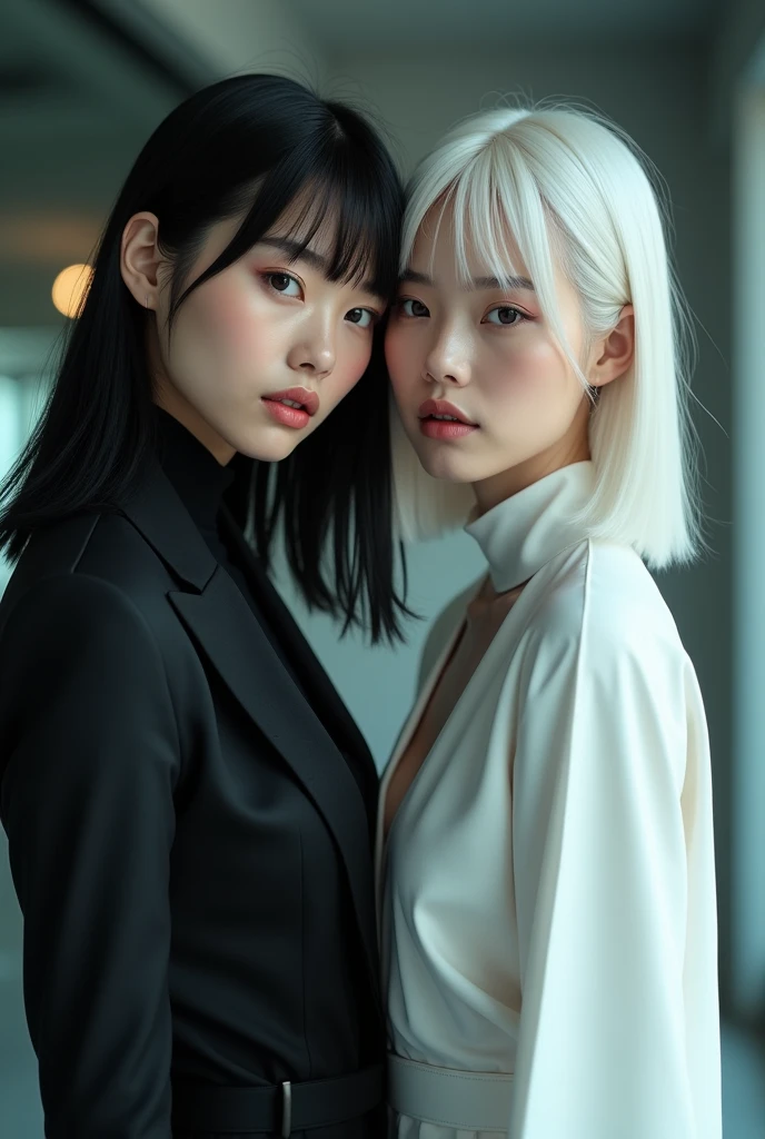 Beautiful girl future black hair and black suit and Beautiful girl future white hair and white