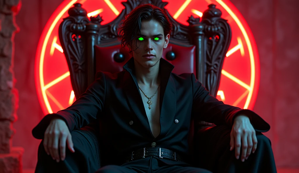 rhysand acotar, RAW Photos,black light, dark hair , rhysand, sarcastic brunette, dark surroundings, Dark masterpiece, homem fair brown-skinned, sitting in a throne, throne with thorns, black roses, man black clothes black, posing photo, black witchcraft, red geometric shiny background, full body size, Eastern fantasy theme, Neon green eyes, underworld, cold stare, Dark clothes, long and tight, fair brown-skinned, color classification, dark illustration, extreme quality, Radiant, extremely detaild, Face ultra detailed, ultra hd 8k, ultradigitality, mythical, black lightning, Conceital Art Portrait of Greg Rutkowski, artgerm, hyperdetailed, intricately detailed Gothic art, dark gothic fantasy style, triadic colors, Fantastic, intricate-detail, opening screen, colors complementary, fantasy concept art, 8K resolution, masterpiece of gothic deviantart, Heavy strokes, soft lighting, Surrealism
