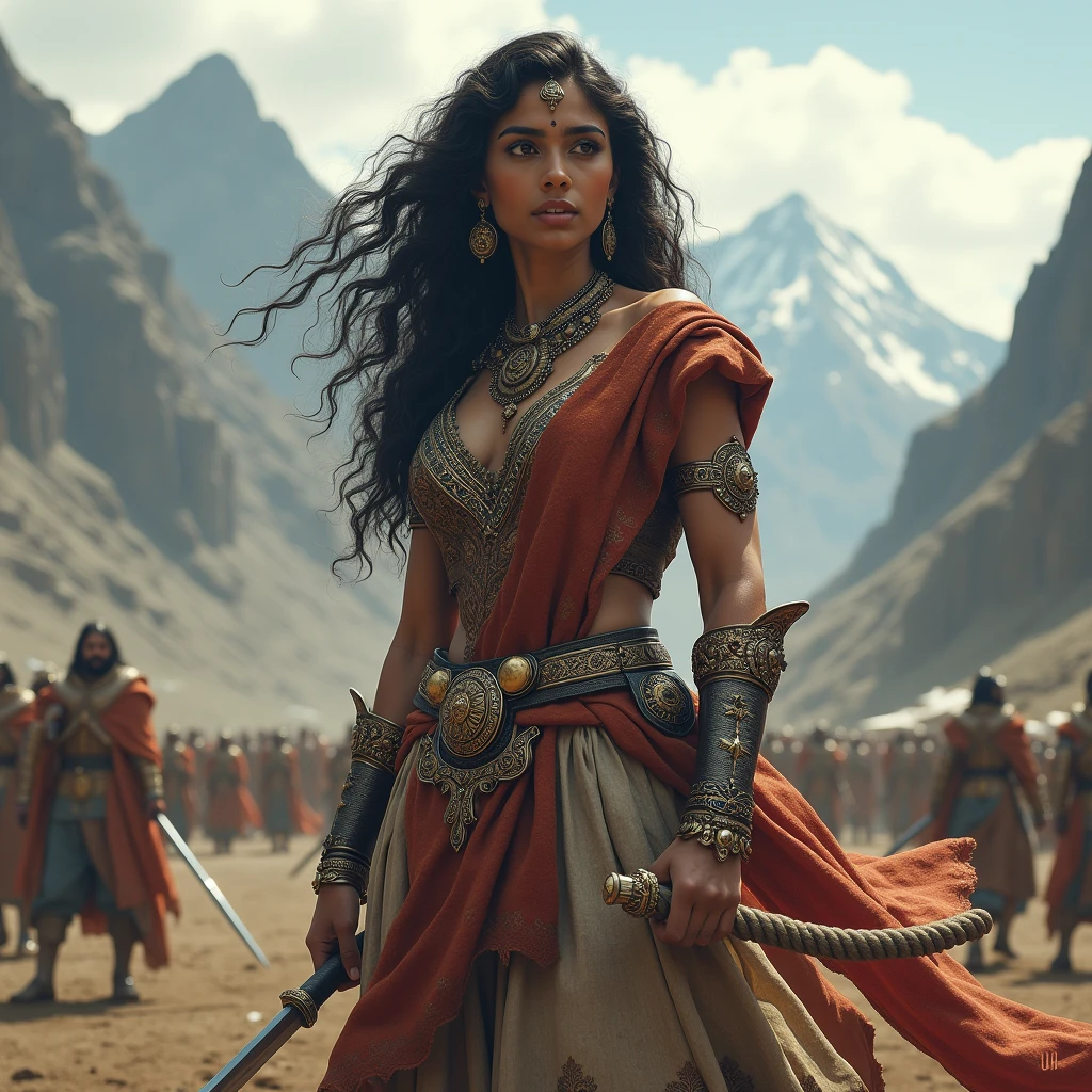 beautiful South Indian queen, wearing old warrior dress , long curly hair, background There are big mountains and battlefield behind , she was one hand katana and one hand horse roap