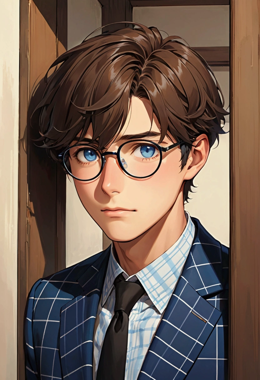 ＃Uncle Ike　＃３０tower　＃Face facing left　＃refreshingな満面のやさしい笑顔　＃Looking slightly out of the corner of my eye　＃Hairstyle(a little brown hair、Short Hair、refreshing)　＃A cool blue checked suit　＃The background is warm　＃Black-rimmed glasses(The frame is fine)　＃The shirt is black