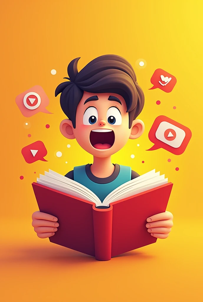 Prompt: "Design a striking and modern logo for an educational YouTube channel. A ager excited boy, with stylized, open book pages around it to represent learning and education. The background should have a smooth gradient transitioning from yellow to red, adding warmth, energy, and dynamism to the design. The logo must be bold, clean, and easily recognizable, conveying a sense of curiosity and passion for education. It should appeal to a broad audience, from students to lifelong learners, and be suitable for digital media use."