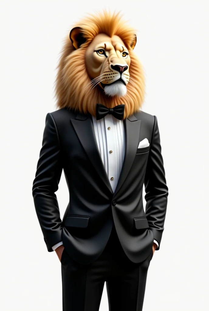 A lion wearing a tuxedo, white background