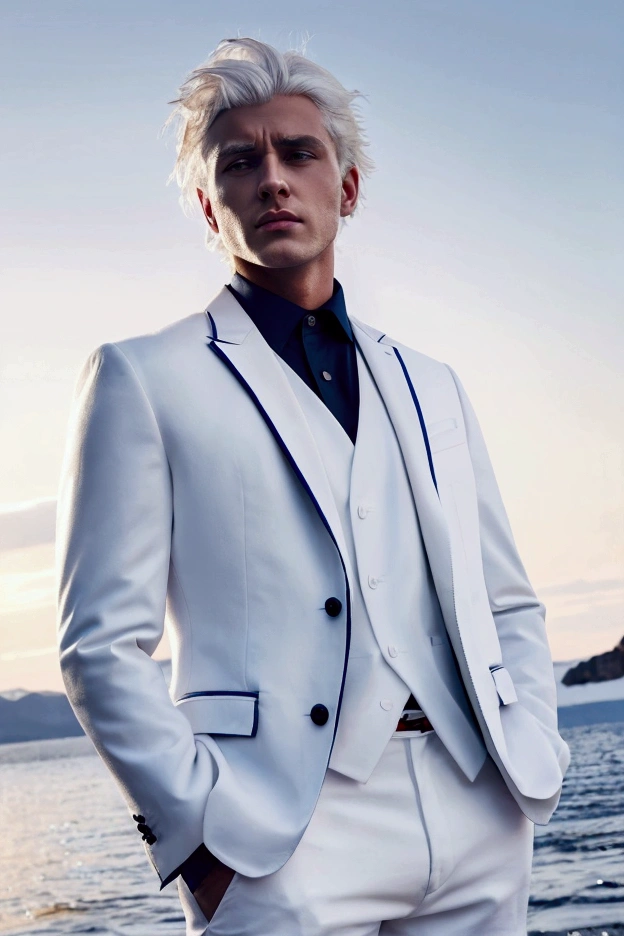 Handsome young man, white hair, full boby, white suit, jeans