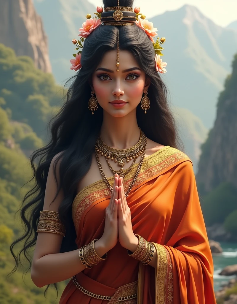 "Create an ultra-realistic image of Goddess Parvati, embodying her divine beauty, grace, and maternal warmth. She should be depicted with smooth, radiant skin that glows with a subtle, ethereal light. Her face should be exquisitely beautiful, with soft, delicate features—large, almond-shaped eyes filled with love and wisdom, a perfectly sculpted nose, and full, serene lips forming a gentle, compassionate smile. Her long, dark hair should be luxuriously thick, cascading down her back in waves, adorned with flowers and a simple yet elegant golden crown or headdress.
Goddess Parvati should be dressed in a richly colored saree, with deep reds, oranges, and golds, symbolizing strength, devotion, and warmth. Her attire should be intricately embroidered with traditional patterns and adorned with beautiful jewelry, including necklaces, bangles, and earrings that reflect her divine status. She should hold one hand in a gesture of blessing or mudra, while the other hand might hold a lotus or other sacred symbol.
The background should be a serene, natural setting, possibly with mountains, lush greenery, or a gentle river flowing nearby, reflecting her connection to nature and the earth. The atmosphere should be calm, peaceful, and nurturing, capturing the essence of Goddess Parvati as the divine mother and wife of Lord Shiva, radiating love, beauty, and strength in an intensely realistic and detailed manner."