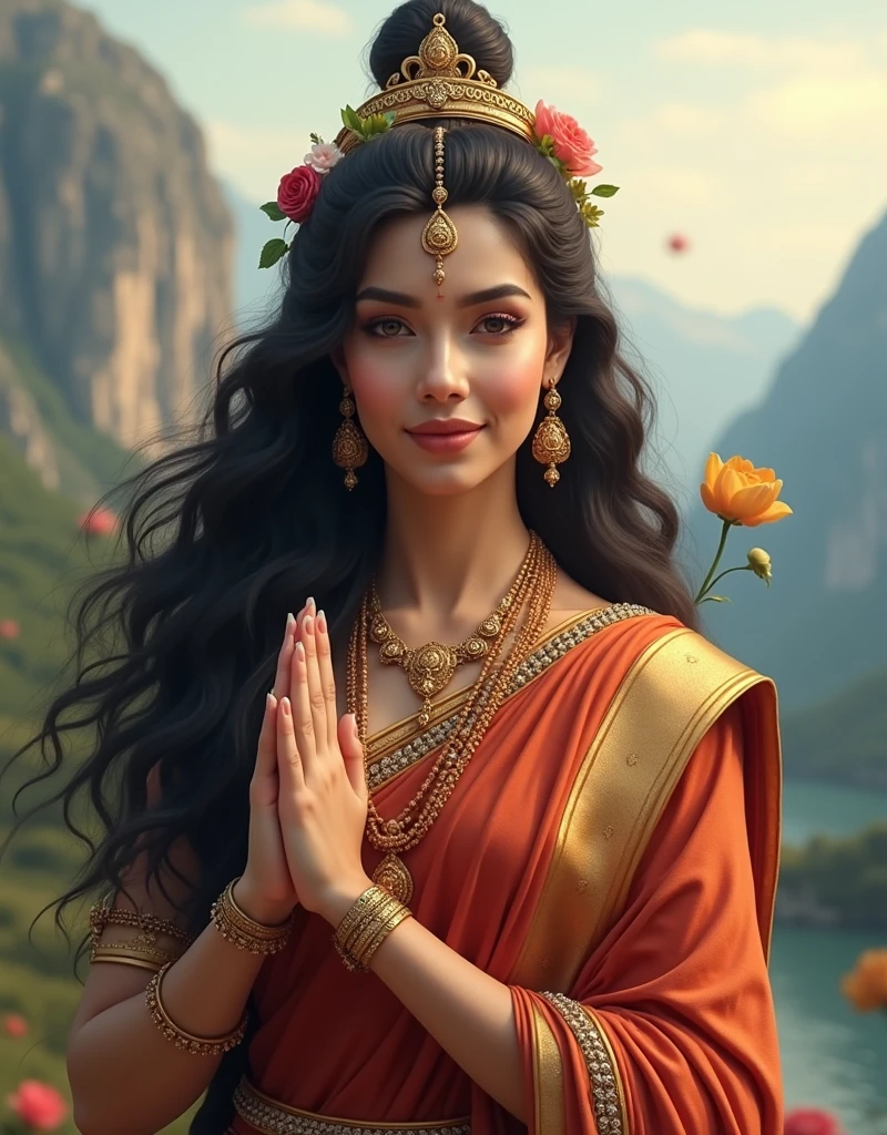 "Create an ultra-realistic image of Goddess Parvati, embodying her divine beauty, grace, and maternal warmth. She should be depicted with smooth, radiant skin that glows with a subtle, ethereal light. Her face should be exquisitely beautiful, with soft, delicate features—large, almond-shaped eyes filled with love and wisdom, a perfectly sculpted nose, and full, serene lips forming a gentle, compassionate smile. Her long, dark hair should be luxuriously thick, cascading down her back in waves, adorned with flowers and a simple yet elegant golden crown or headdress.
Goddess Parvati should be dressed in a richly colored saree, with deep reds, oranges, and golds, symbolizing strength, devotion, and warmth. Her attire should be intricately embroidered with traditional patterns and adorned with beautiful jewelry, including necklaces, bangles, and earrings that reflect her divine status. She should hold one hand in a gesture of blessing or mudra, while the other hand might hold a lotus or other sacred symbol.
The background should be a serene, natural setting, possibly with mountains, lush greenery, or a gentle river flowing nearby, reflecting her connection to nature and the earth. The atmosphere should be calm, peaceful, and nurturing, capturing the essence of Goddess Parvati as the divine mother and wife of Lord Shiva, radiating love, beauty, and strength in an intensely realistic and detailed manner."