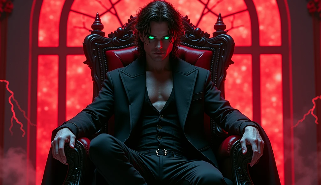 rhysand acotar, RAW Photos,black light, dark hair , rhysand, sarcastic brunette, dark surroundings, Dark masterpiece, homem fair brown-skinned, sitting in a throne, throne with thorns, black roses, man black clothes black, posing photo, black witchcraft, red geometric shiny background, full body size, Eastern fantasy theme, Neon green eyes, underworld, cold stare, Dark clothes, long and tight, fair brown-skinned, color classification, dark illustration, extreme quality, Radiant, extremely detaild, Face ultra detailed, ultra hd 8k, ultradigitality, mythical, black lightning, Conceital Art Portrait of Greg Rutkowski, artgerm, hyperdetailed, intricately detailed Gothic art, dark gothic fantasy style, triadic colors, Fantastic, intricate-detail, opening screen, colors complementary, fantasy concept art, 8K resolution, masterpiece of gothic deviantart, Heavy strokes, soft lighting, Surrealism