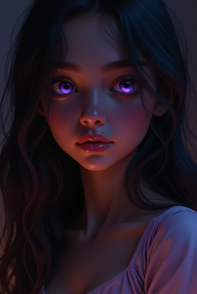 Night silhouette of a purple-eyed teenage girl, latina, Dark brown hair, Dark brown skin ultra-realistic high-quality image generation, bringing limitless possibilities to artistic creation.