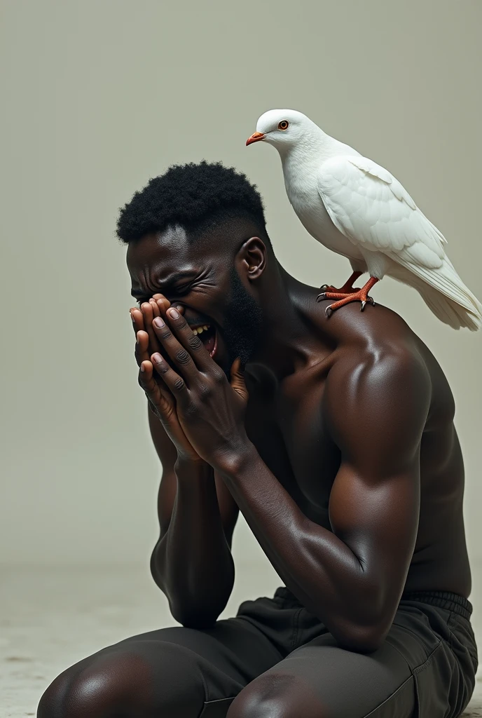A black man kneeing ,crying out begging God for help with a white colomb on his shoulder