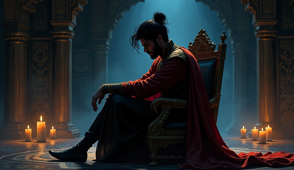 Comic style: Shakuni ( young prince sitting alone in his chamber, contemplating, with a dark shadow cast over his face.