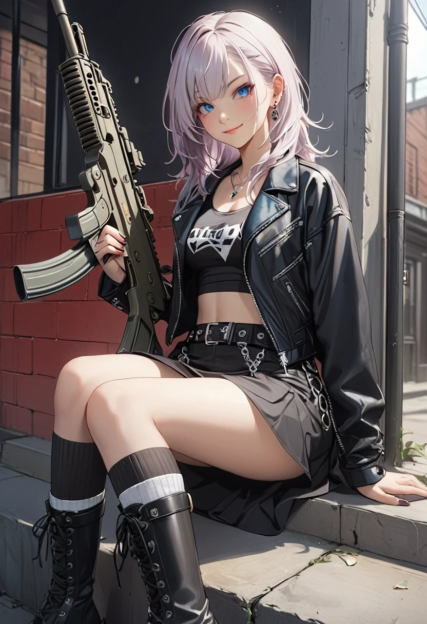 1girl, sitting, pale silver hair, jaggy hair, blue eyes, ((punk rock clothing)), girl with machine gun and jacket, slender body, long skirt, knee-high socks, boots, eyeshadow, smile, masterpiece, highest quality, standing, ((Focus on the face))