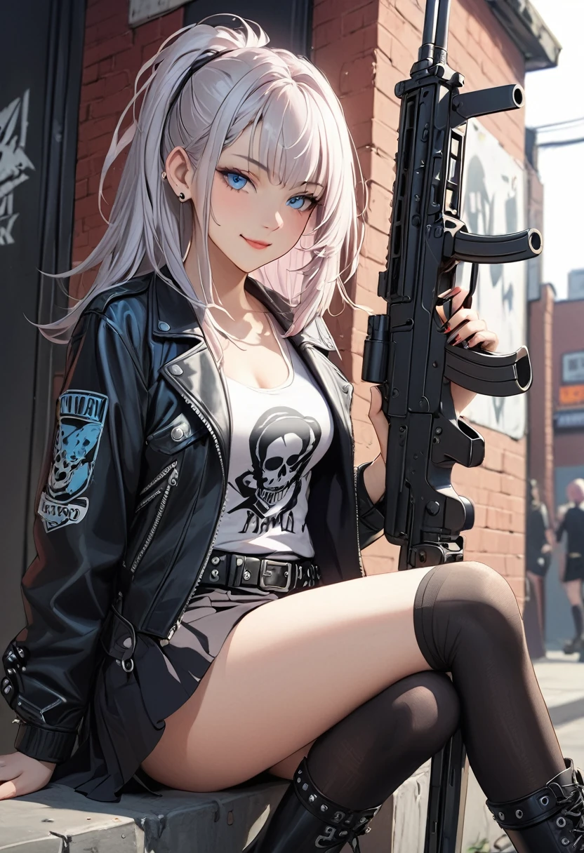 1girl, sitting, pale silver hair, jaggy hair, blue eyes, ((punk rock clothing)), girl with machine gun and jacket, slender body, long skirt, knee-high socks, boots, eyeshadow, smile, masterpiece, highest quality, standing, ((Focus on the face))