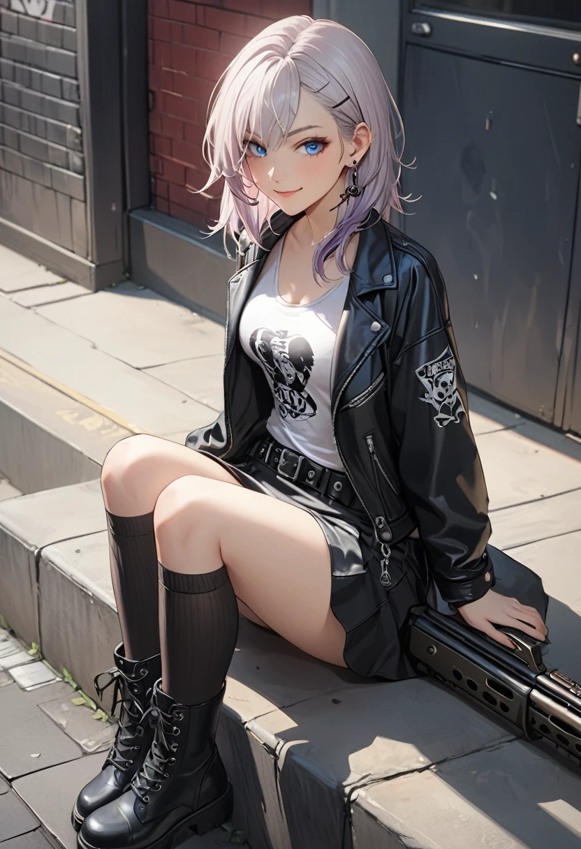 1girl, sitting, pale silver hair, jaggy hair, blue eyes, ((punk rock clothing)), girl with machine gun and jacket, slender body, long skirt, knee-high socks, boots, eyeshadow, smile, masterpiece, highest quality, standing, ((Focus on the face))