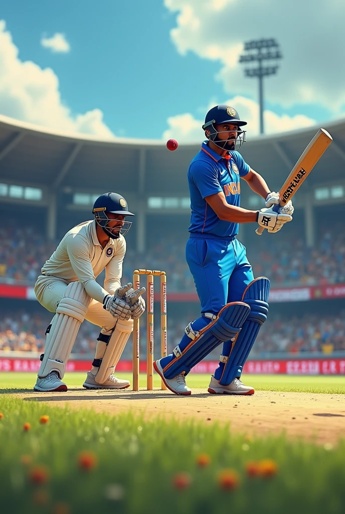 Create a picture while Virat Kohli batting and ms Dhoni behind the stump doing stumping