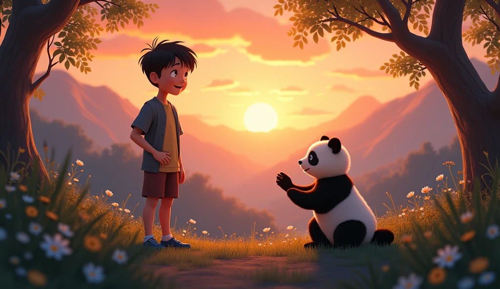 A beautiful sunset behind distant mountains, with the sky painted in shades of orange and pink. Ayan and baby Panda stand at the edge of the forest, waving goodbye to each other. Ayan is smiling warmly, and Panda looks up at him with affection. The trees cast long shadows, and the scene has a gentle, serene feel."