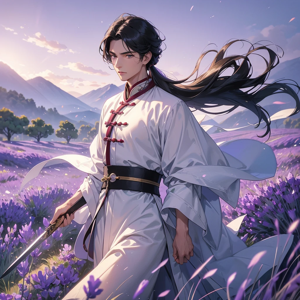 Handsome black-haired male general holding a large sword in white ancient Chinese general costume, walking In the middle of lavender fields , Surrounded by lavender fields, purple, with green mountains in the background, low clouds, the sun is about to set, close up.