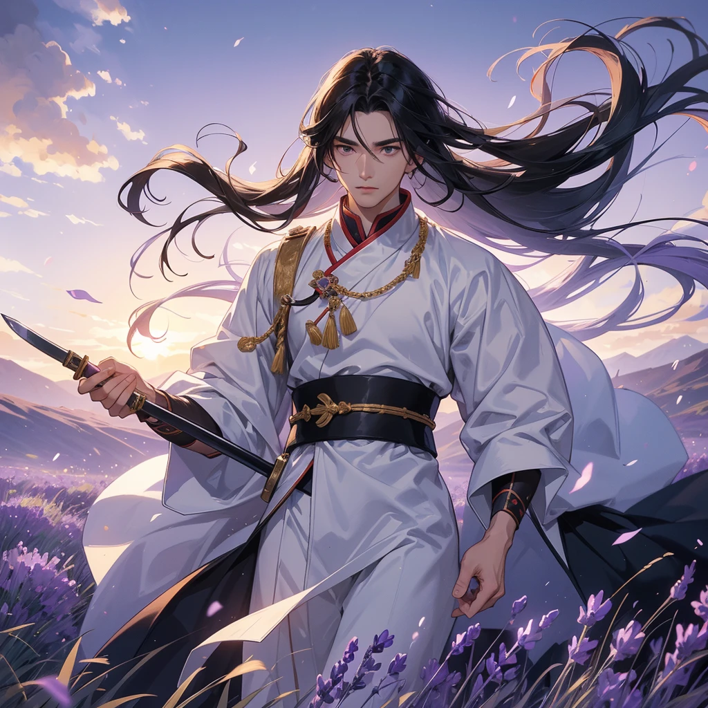 Handsome black-haired male general holding a large sword in white ancient Chinese general costume, walking In the middle of lavender fields , Surrounded by lavender fields, purple, with green mountains in the background, low clouds, the sun is about to set, close up.