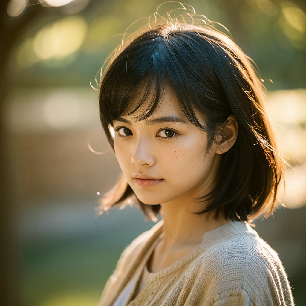 A hyper-realistic image of a single Japanese woman in her early 20s, captured with the nostalgic warmth and subtle graininess of a film camera. Her skin has a warm beige tone with a natural, slightly rough texture that includes visible pores, fine lines, and subtle imperfections such as small blemishes, adding to the authenticity of her appearance. The soft, diffused natural light enhances the film-like quality, casting gentle shadows that create a timeless, organic feel. Her straight, glossy black hair frames her face in a natural, slightly tousled manner, and her deep brown eyes reflect the ambient light, adding depth and emotion. The film camera effect introduces a slight grain and a softer focus, giving the image a warm, nostalgic atmosphere while maintaining the realistic texture of her skin. She is dressed simply, in a way that complements her natural beauty, with the overall composition designed to evoke a sense of genuine, understated elegance. The use of natural light, combined with the deliberately rougher texture of her skin and the film-like qualities, ensures that this image captures the imperfections that make her beauty truly lifelike, focusing solely on this one individual.
