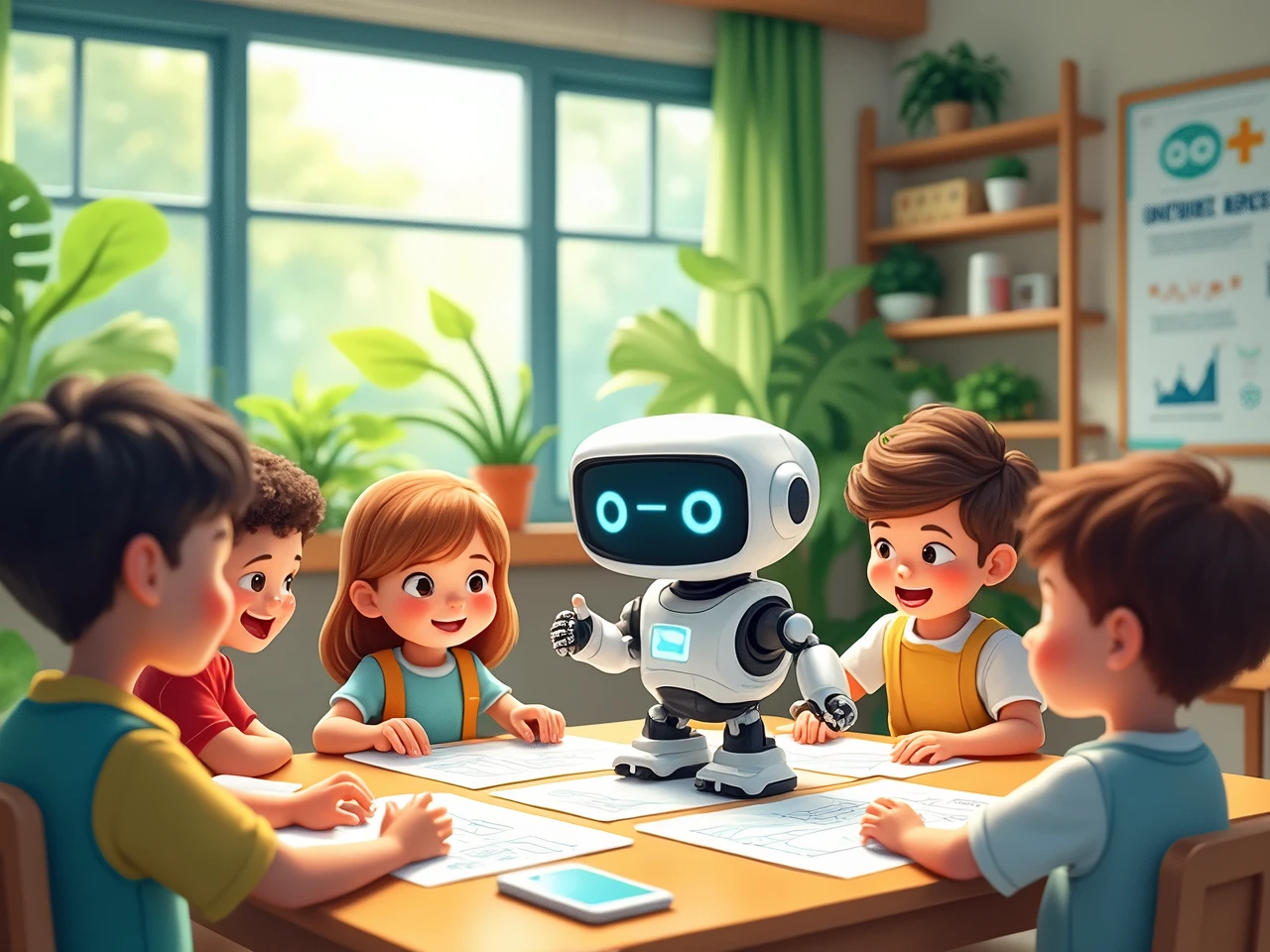 A classroom in harmony with nature, Software Model, manual, A cute robot learning to code with friends, Illustrator