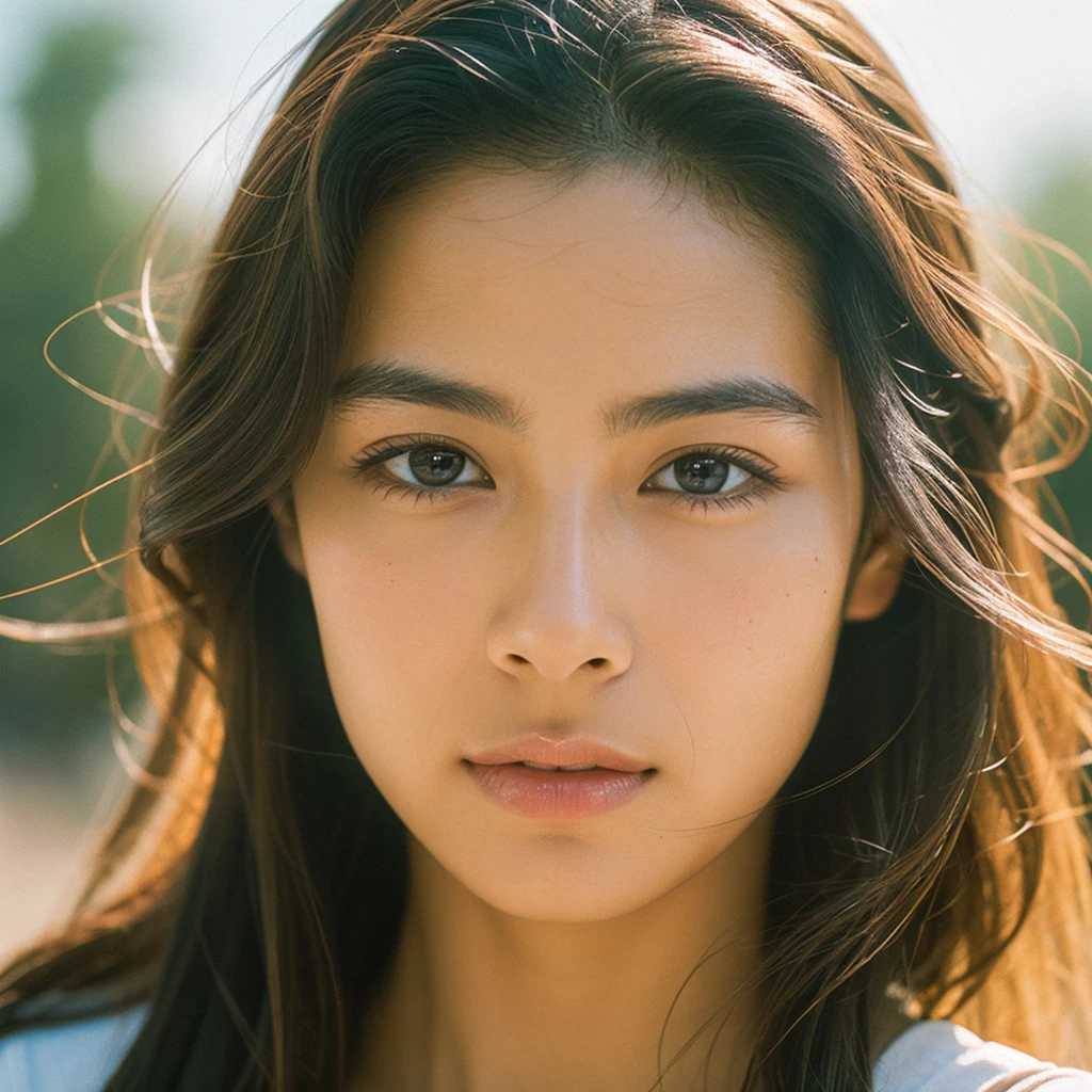 A hyper-realistic image of a single Japanese woman in her early 20s, captured with the nostalgic warmth and subtle graininess of a film camera. Her skin has a warm beige tone with a natural, slightly rough texture that includes visible pores, fine lines, and subtle imperfections such as small blemishes, adding to the authenticity of her appearance. The soft, diffused natural light enhances the film-like quality, casting gentle shadows that create a timeless, organic feel. Her straight, glossy black hair frames her face in a natural, slightly tousled manner, and her deep brown eyes reflect the ambient light, adding depth and emotion. The film camera effect introduces a slight grain and a softer focus, giving the image a warm, nostalgic atmosphere while maintaining the realistic texture of her skin. She is dressed simply, in a way that complements her natural beauty, with the overall composition designed to evoke a sense of genuine, understated elegance. The use of natural light, combined with the deliberately rougher texture of her skin and the film-like qualities, ensures that this image captures the imperfections that make her beauty truly lifelike, focusing solely on this one individual.