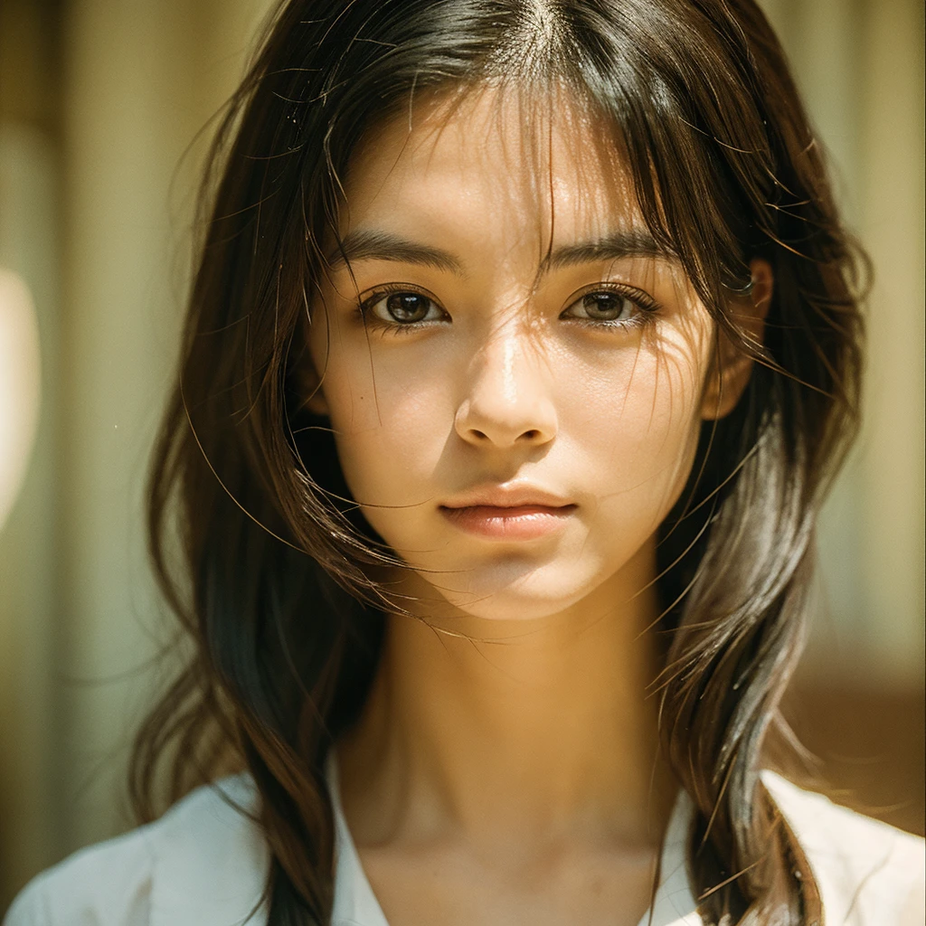 A hyper-realistic image of a single Japanese woman in her early 20s, captured with the nostalgic warmth and subtle graininess of a film camera. Her skin has a warm beige tone with a natural, slightly rough texture that includes visible pores, fine lines, and subtle imperfections such as small blemishes, adding to the authenticity of her appearance. The soft, diffused natural light enhances the film-like quality, casting gentle shadows that create a timeless, organic feel. Her straight, glossy black hair frames her face in a natural, slightly tousled manner, and her deep brown eyes reflect the ambient light, adding depth and emotion. The film camera effect introduces a slight grain and a softer focus, giving the image a warm, nostalgic atmosphere while maintaining the realistic texture of her skin. She is dressed simply, in a way that complements her natural beauty, with the overall composition designed to evoke a sense of genuine, understated elegance. The use of natural light, combined with the deliberately rougher texture of her skin and the film-like qualities, ensures that this image captures the imperfections that make her beauty truly lifelike, focusing solely on this one individual.