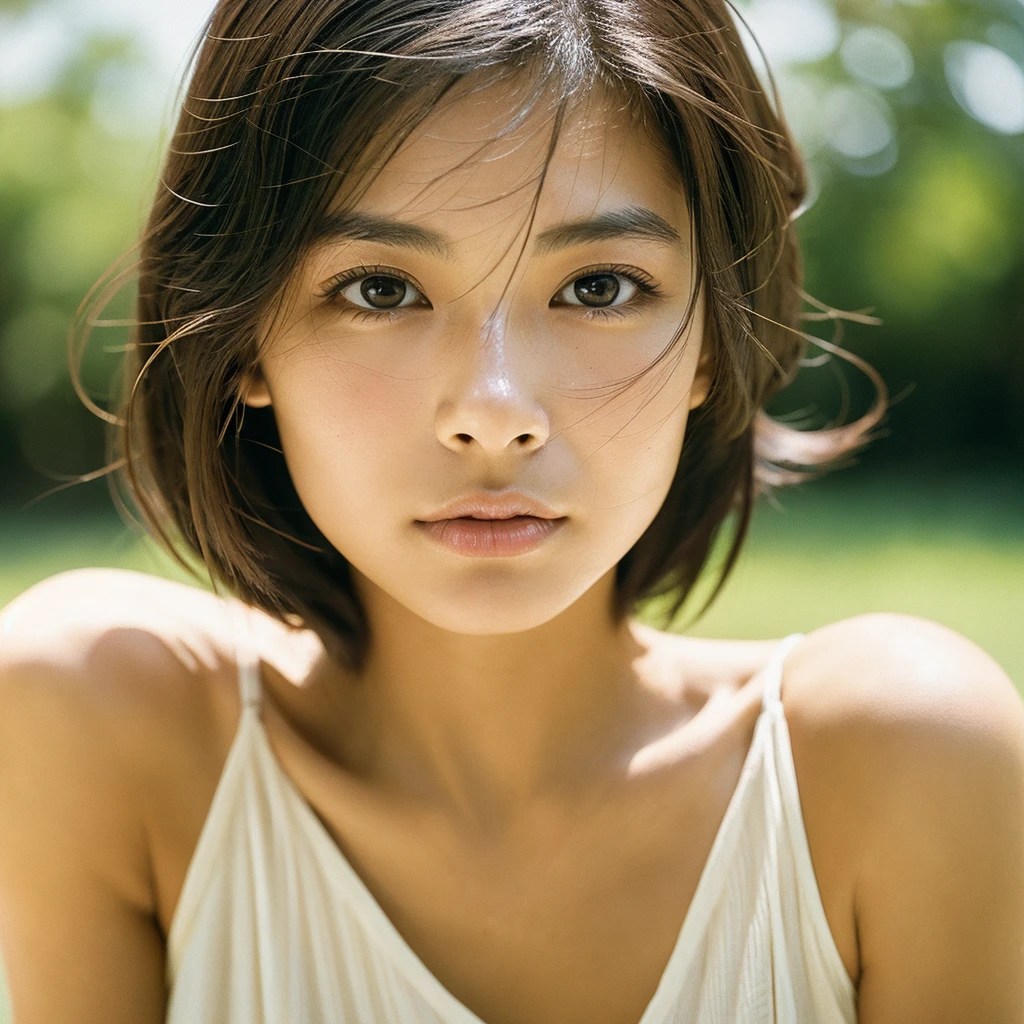 A hyper-realistic image of a single Japanese woman in her early 20s, captured with the nostalgic warmth and subtle graininess of a film camera. Her skin has a warm beige tone with a natural, slightly rough texture that includes visible pores, fine lines, and subtle imperfections such as small blemishes, adding to the authenticity of her appearance. The soft, diffused natural light enhances the film-like quality, casting gentle shadows that create a timeless, organic feel. Her straight, glossy black hair frames her face in a natural, slightly tousled manner, and her deep brown eyes reflect the ambient light, adding depth and emotion. The film camera effect introduces a slight grain and a softer focus, giving the image a warm, nostalgic atmosphere while maintaining the realistic texture of her skin. She is dressed simply, in a way that complements her natural beauty, with the overall composition designed to evoke a sense of genuine, understated elegance. The use of natural light, combined with the deliberately rougher texture of her skin and the film-like qualities, ensures that this image captures the imperfections that make her beauty truly lifelike, focusing solely on this one individual.