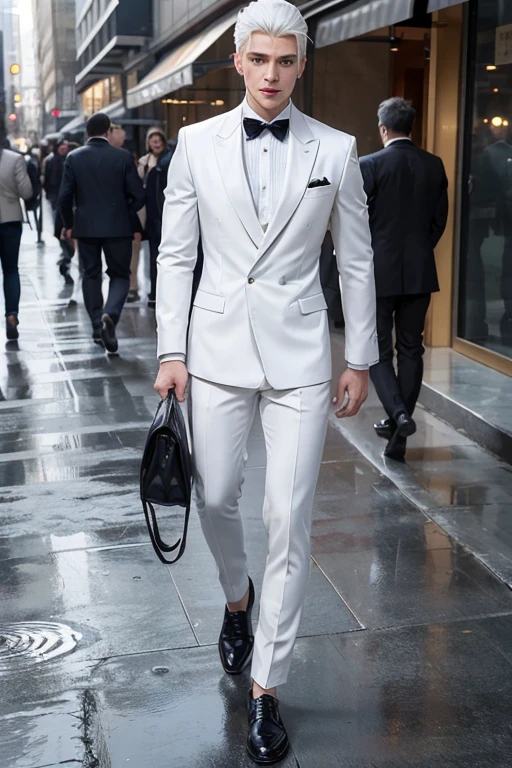 A strikingly handsome young man with snow-white hair stands tall, exuding an air of confidence and charm. He’s dressed in a sharp white suit, paired with a crisp white shirt that highlights his lean, athletic figure. The formality of his attire is balanced by casual yet stylish blue jeans, and his feet are clad in polished black cut shoes, their sleek design adding a subtle edge to his look. His piercing eyes, framed by his silver locks, reflect both intelligence and mystery. Whether he’s walking through a bustling city or caught in a quiet moment of reflection, his appearance commands attention, leaving those who see him captivated by his unusual yet magnetic presence.