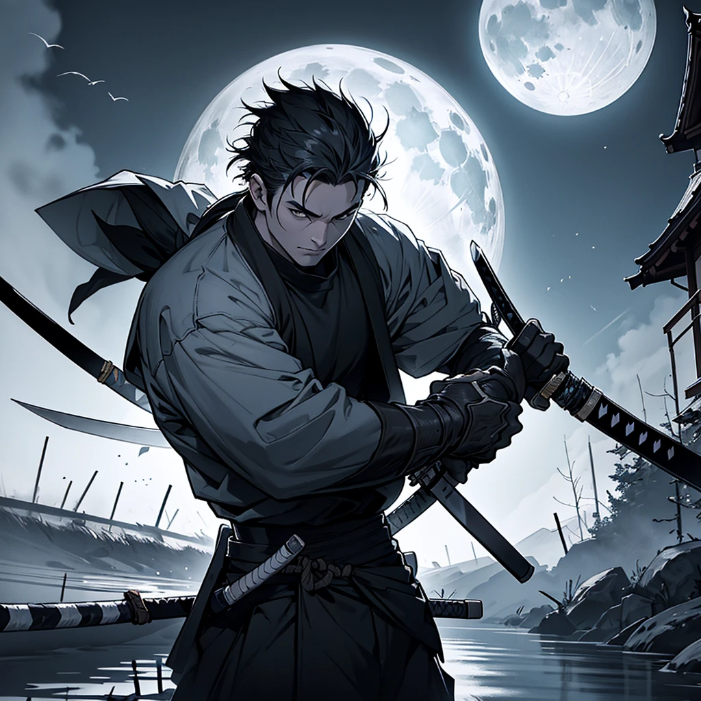 Close up picture of a young ronin slashing his katana under the Moonlight, perfect anatomy, black and white, highly detailed, masterpiece