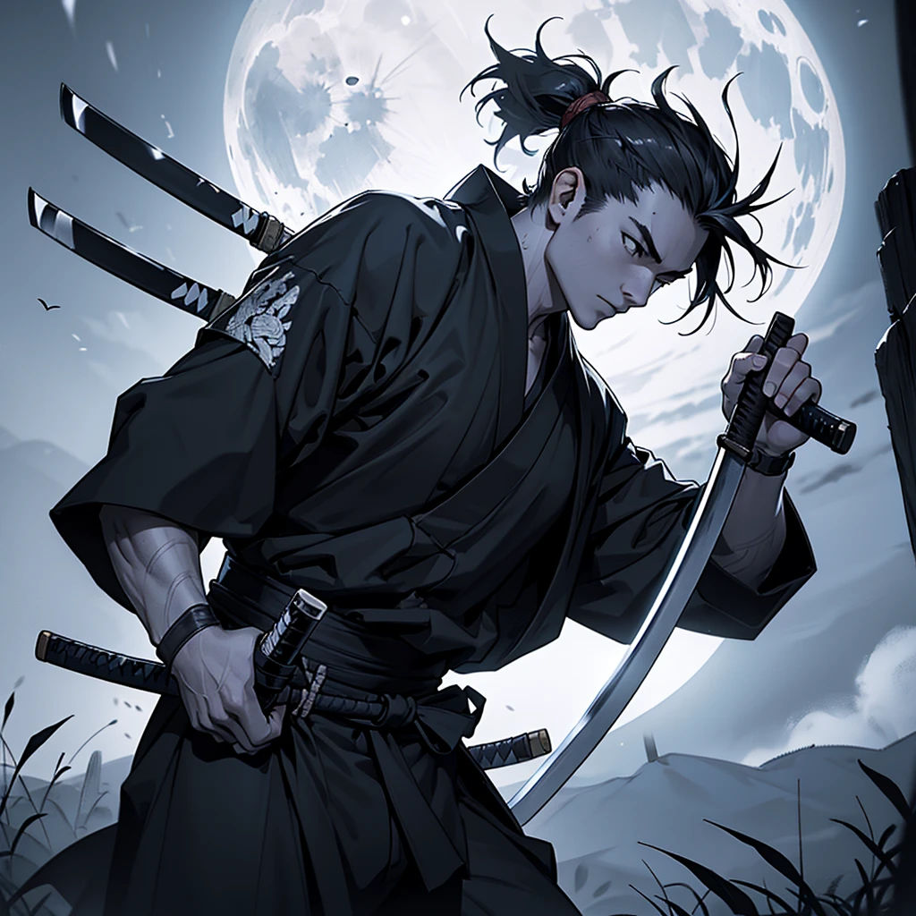Close up picture of a young ronin slashing his katana under the Moonlight, perfect anatomy, black and white, highly detailed, masterpiece