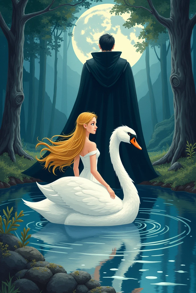 Crea una ilustración para el cuento con estas indicaciones: "A magical and detailed illustration for a children's storybook aimed at s. The scene shows Princess Odette, a beautiful young woman with long golden hair, wearing a white dress and a small crown, transformed into a graceful white swan by a magical lake surrounded by an enchanted forest; and Prince Seigfried, a noble-looking young man with short dark hair, dressed in royal attire, standing by the lake with a determined expression. In the background, a dark, ominous figure of the evil sorcerer Rothbart hides in the shadows of the trees, watching them. The atmosphere is filled with both tension and hope, with soft moonlight reflecting on the lake's surface, adding to the mystical ambiance."