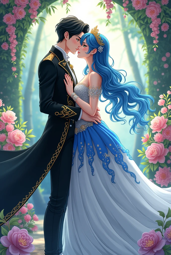 Fantasy anime groom with an expensive black coat and gold lines on the sleeve, black dress pants, expensive white dress shoes. Expensive silver watch, silver wedding ring on the ring finger, shiny green eyes and neat black hair. Kissing beautiful fantasy anime bride in expensive white and blue wedding dress, with gold lace tights and small gold tiara, shiny blue eyes and long blue hair, silver wedding ring in one hand and gold ring with diamond gem in the other hand .